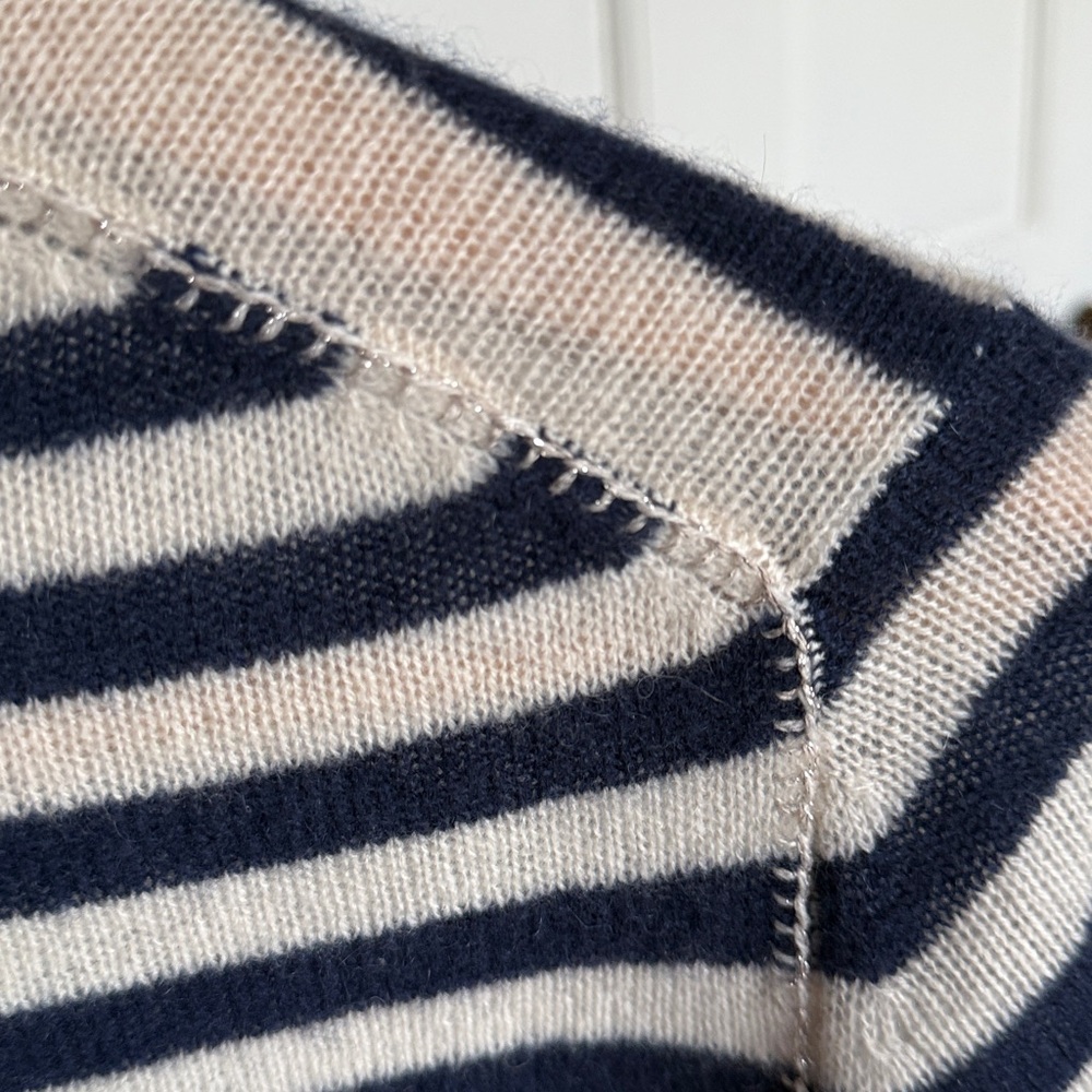 360 Cashmere Navy and Cream Striped Crewneck Sweater - Picture 5 of 6